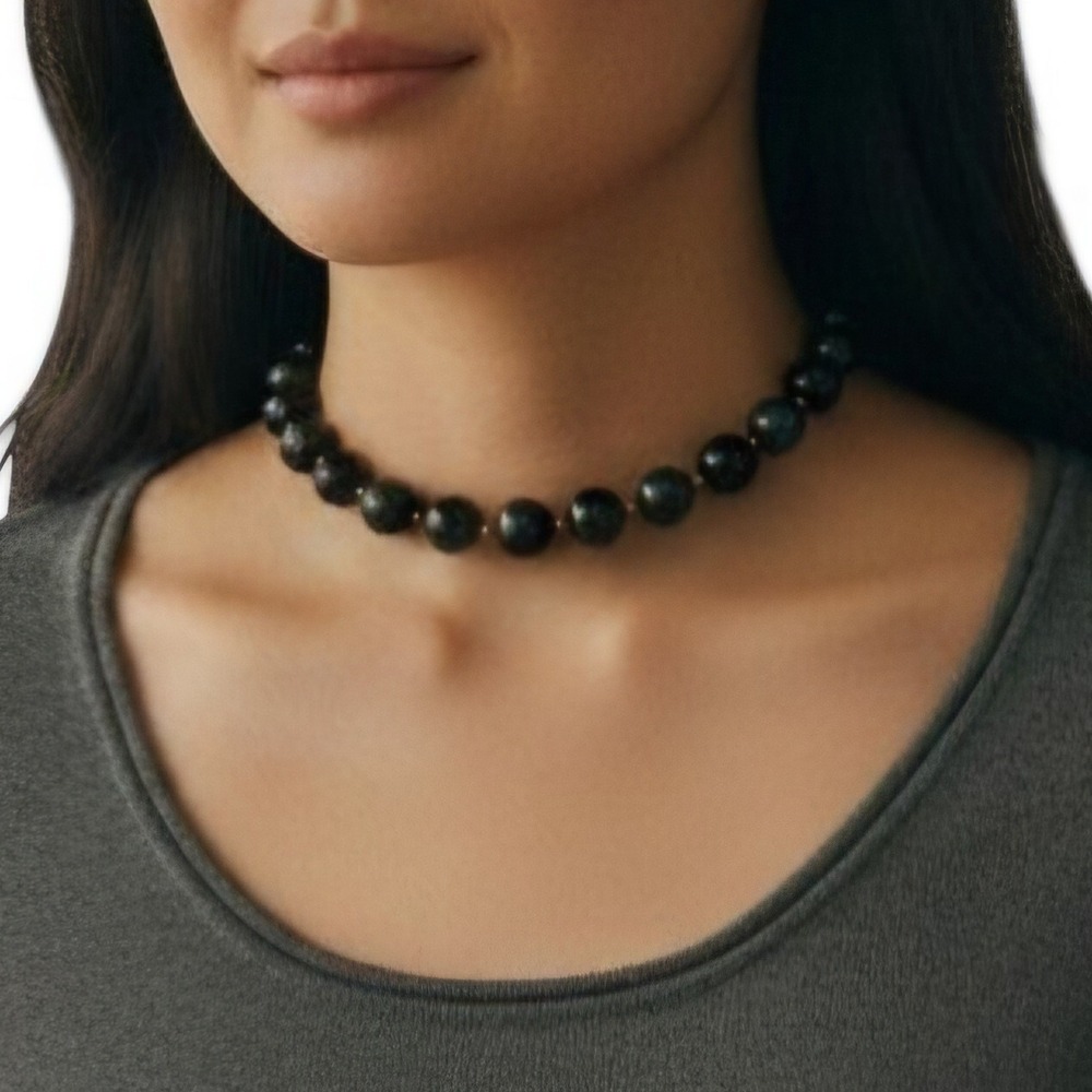 Vintage Mid-Century Black Glass Graduated Bead Necklace Gold Tone 14mm